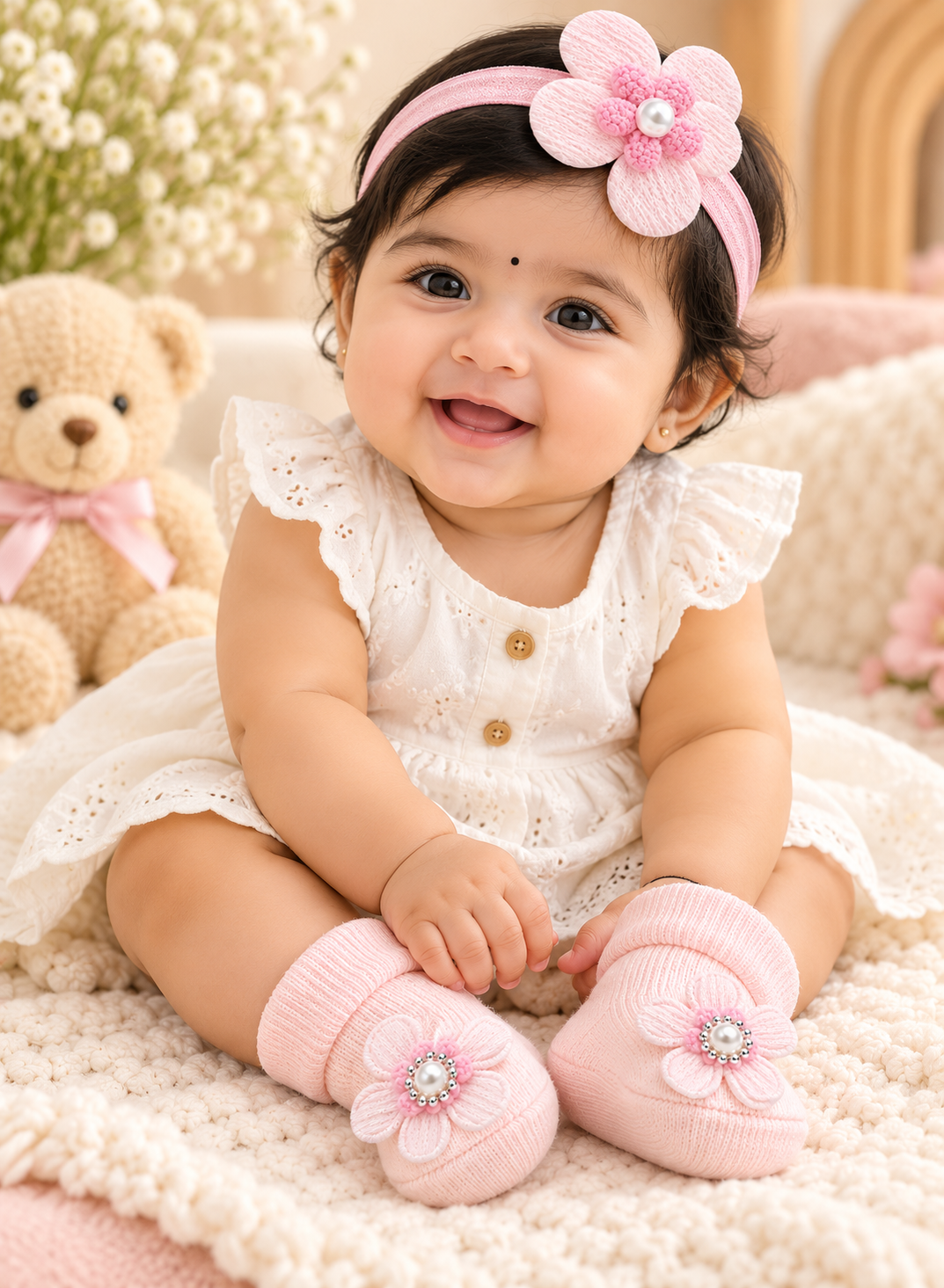 Rosé Petal Baby Booties & Headband Set