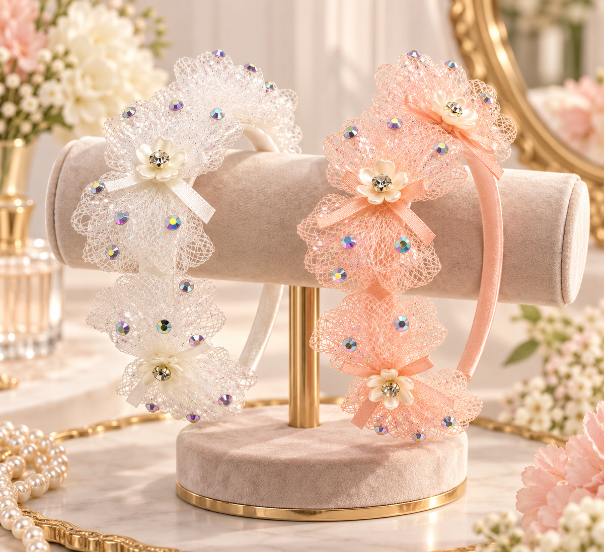 Sparkling Floral Mesh Hairband Set