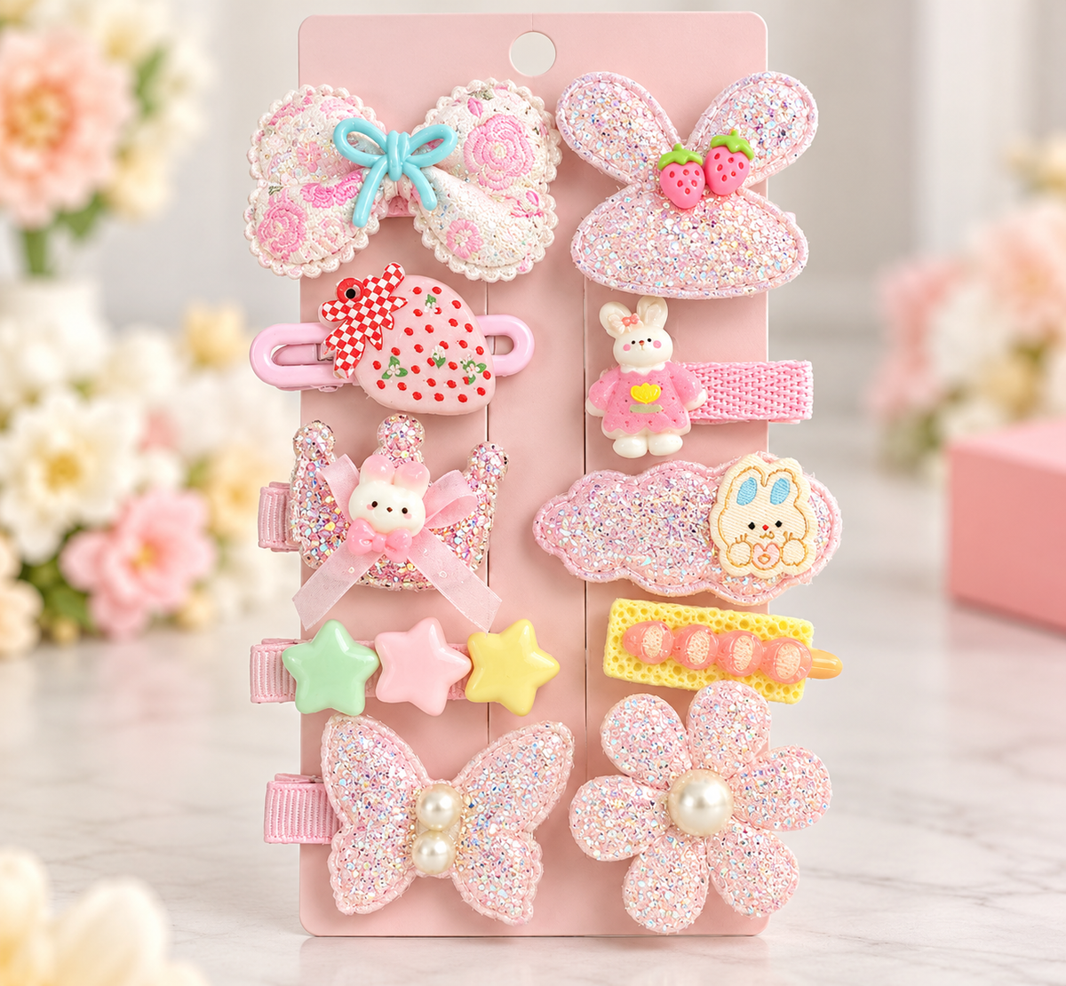 Pink Blossom & Bow Hair Clips