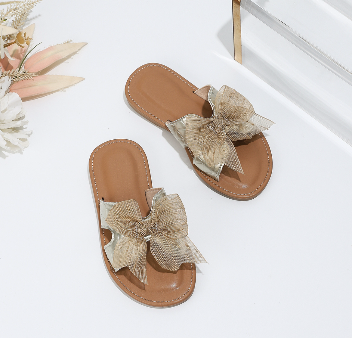 Golden Sheer Bow Slippers