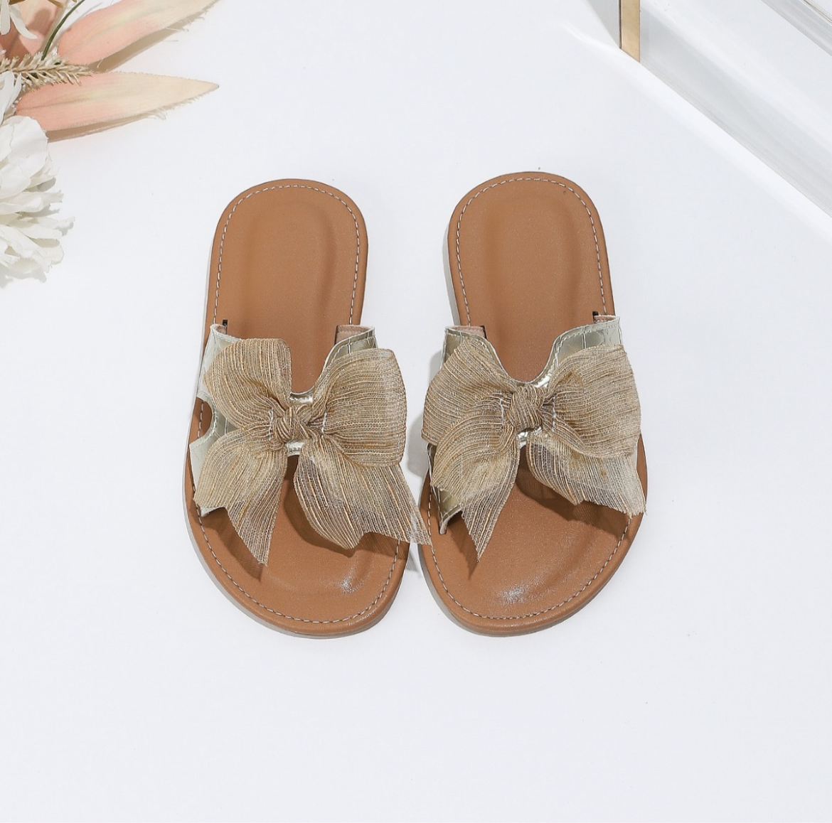 Golden Sheer Bow Slippers