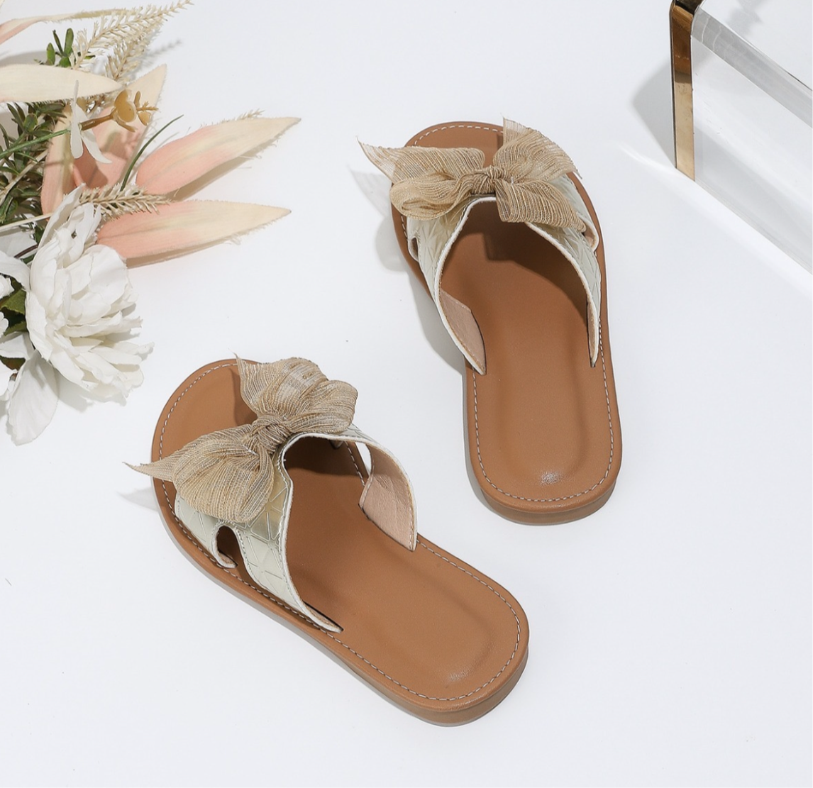 Golden Sheer Bow Slippers