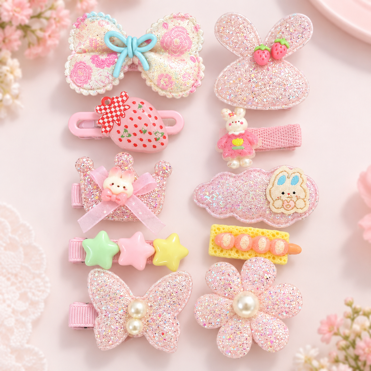 Pink Blossom & Bow Hair Clips