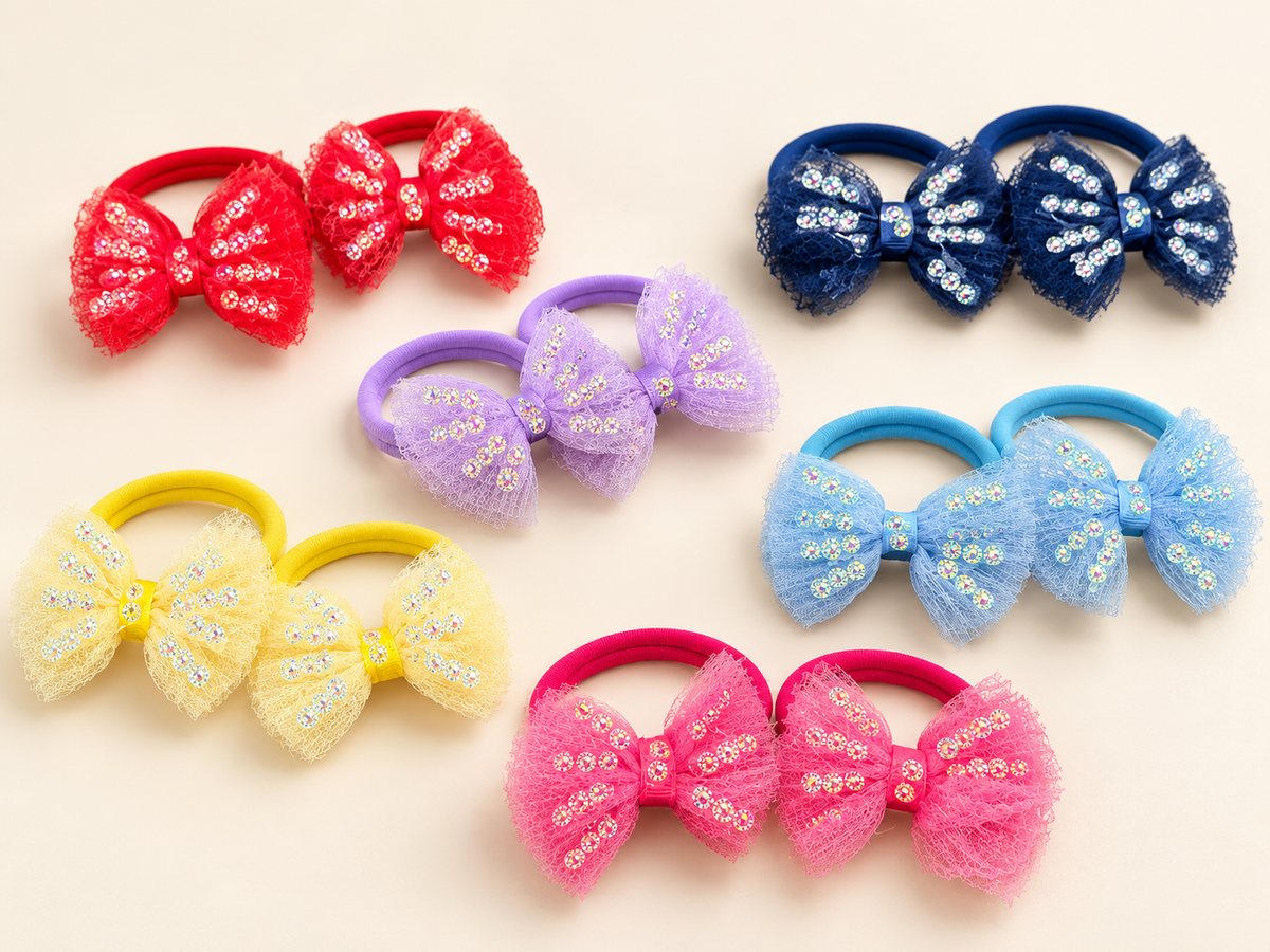 Glitter Tulle Bow Hair Ties Set of 6