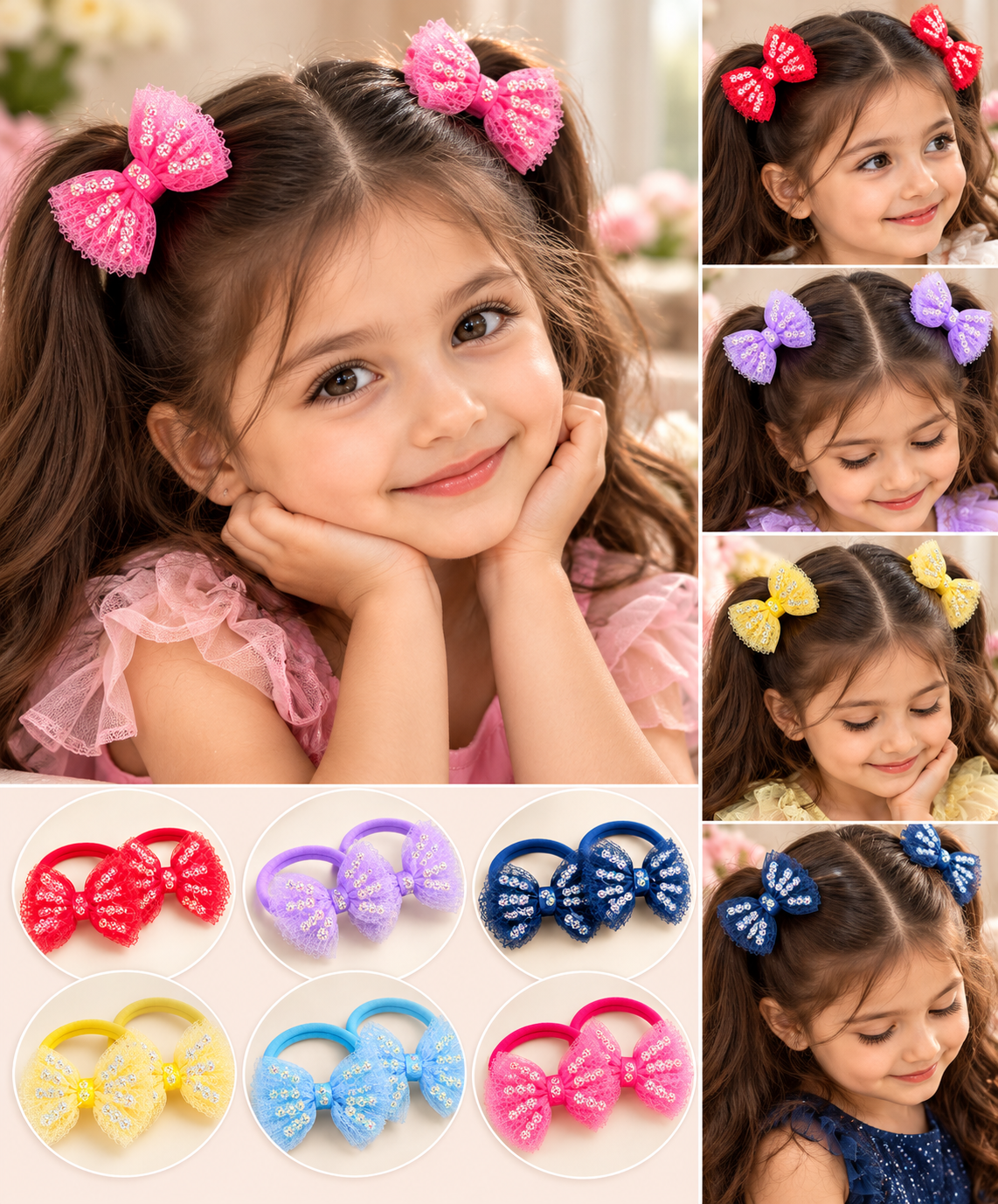 Glitter Tulle Bow Hair Ties Set of 6