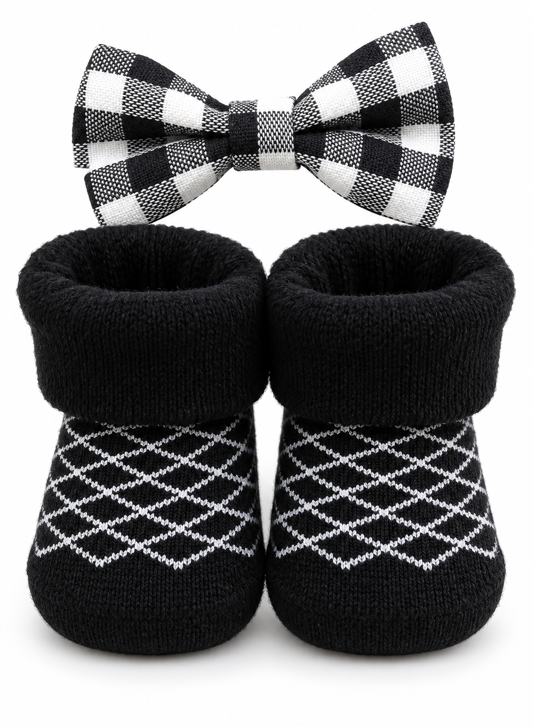 Noir Check Baby Booties & Bow Set