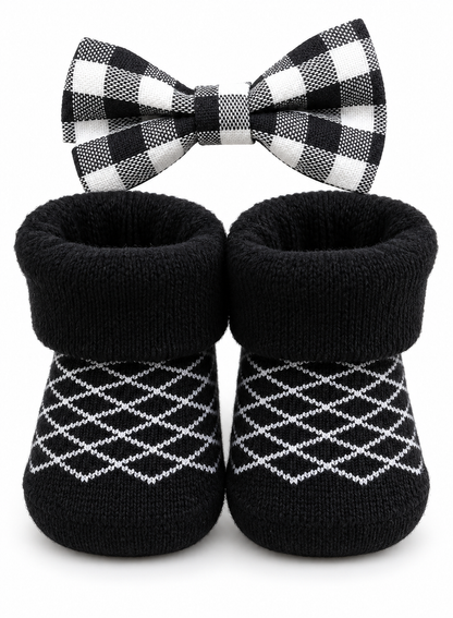 Noir Check Baby Booties & Bow Set