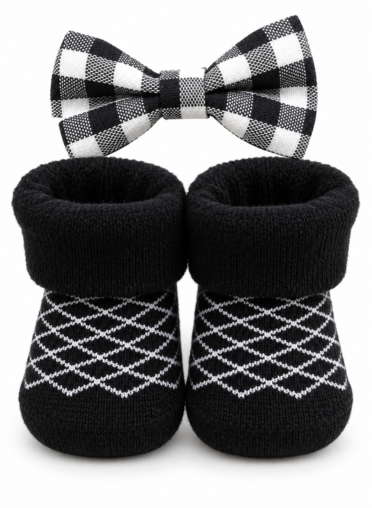 Noir Check Baby Booties & Bow Set