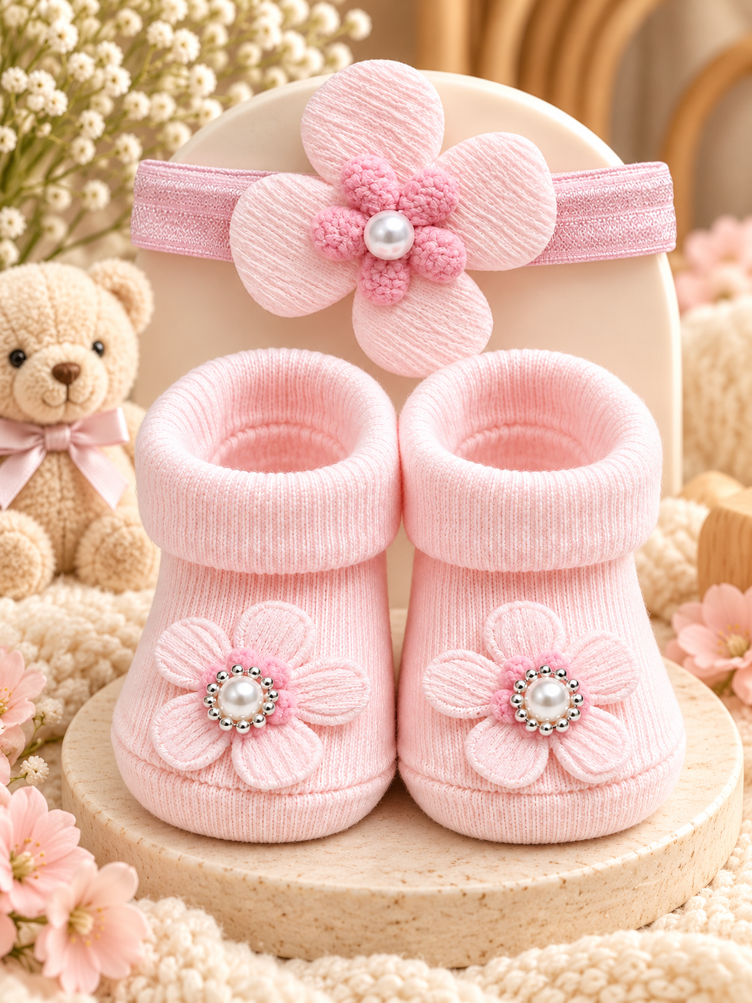 Rosé Petal Baby Booties & Headband Set