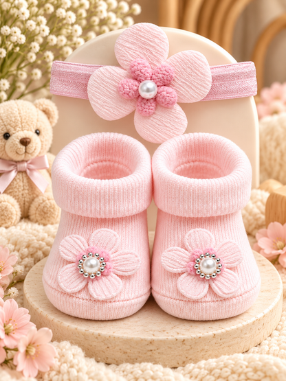 Rosé Petal Baby Booties & Headband Set