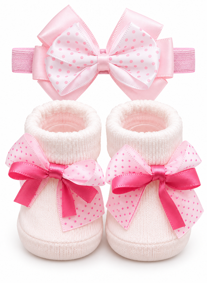 Pink Polka Princess Baby Booties & Headband Set