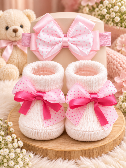 Pink Polka Princess Baby Booties & Headband Set