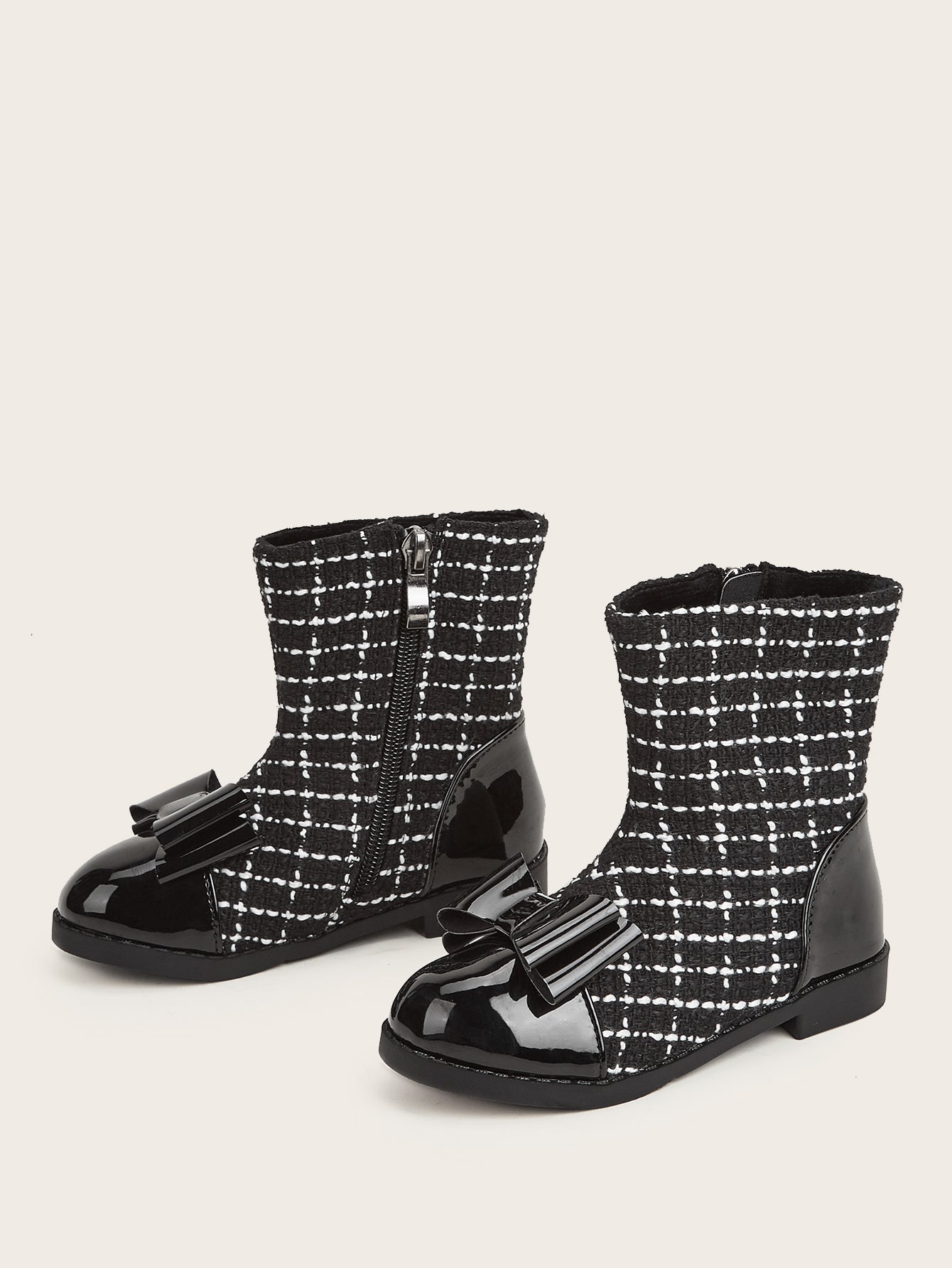 BOW ADORNED BLACK FANCY CHECK BOOTS