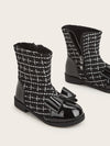 BOW ADORNED BLACK FANCY CHECK BOOTS