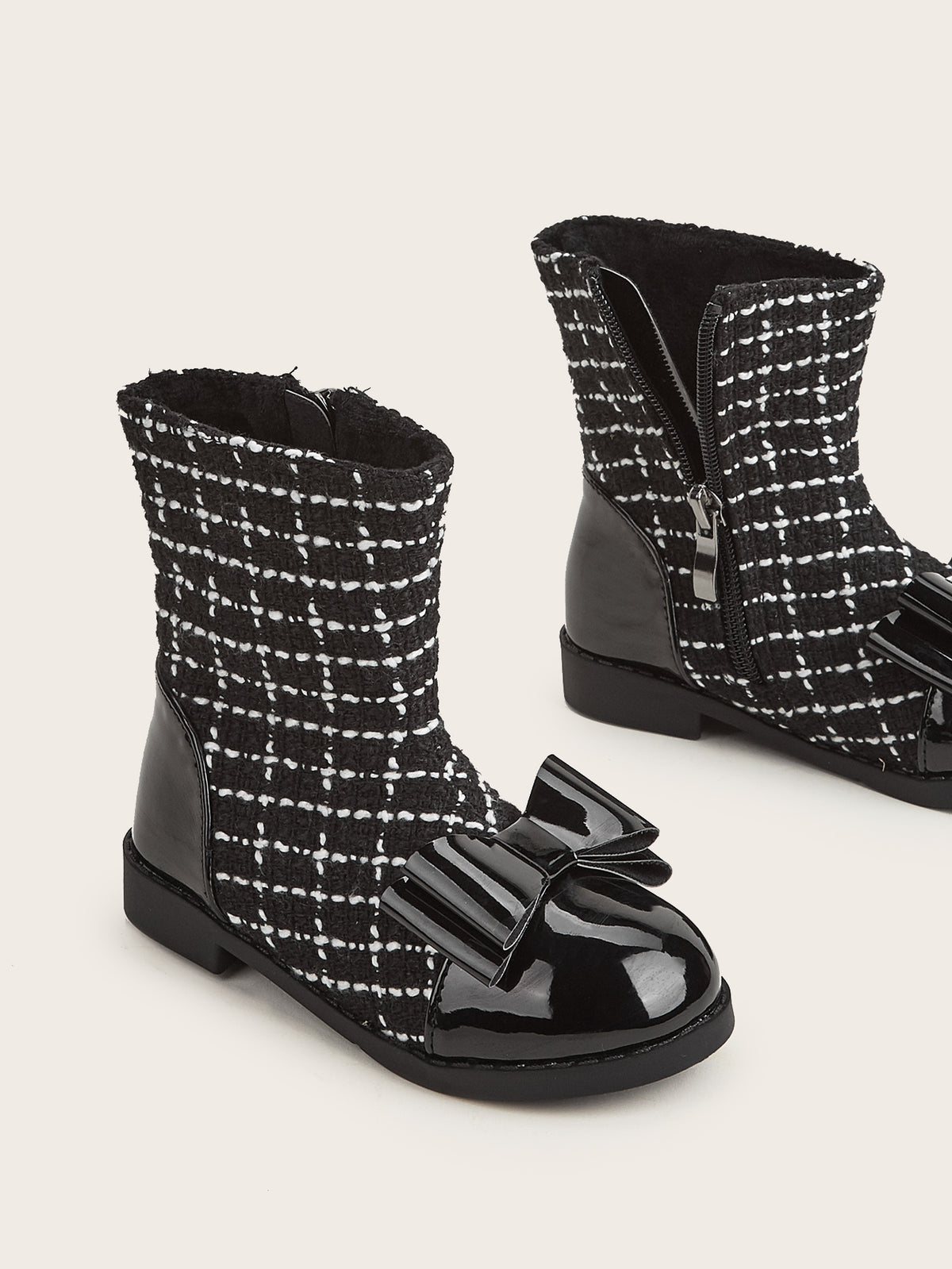 BOW ADORNED BLACK FANCY CHECK BOOTS